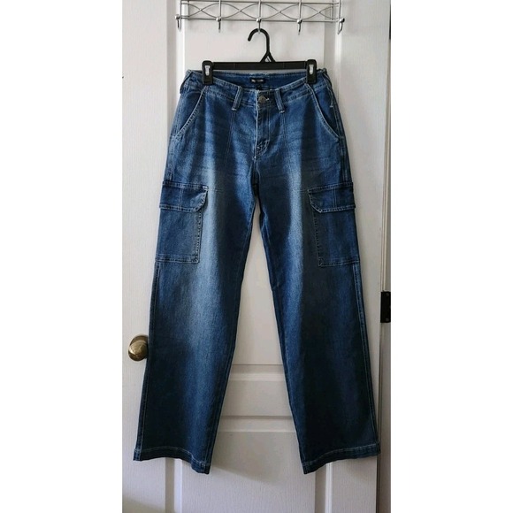 TRUE RELIGION Womens Cargo Straight Leg Blue Jeans Pants Pockets Stretch Size 27 - Picture 1 of 13